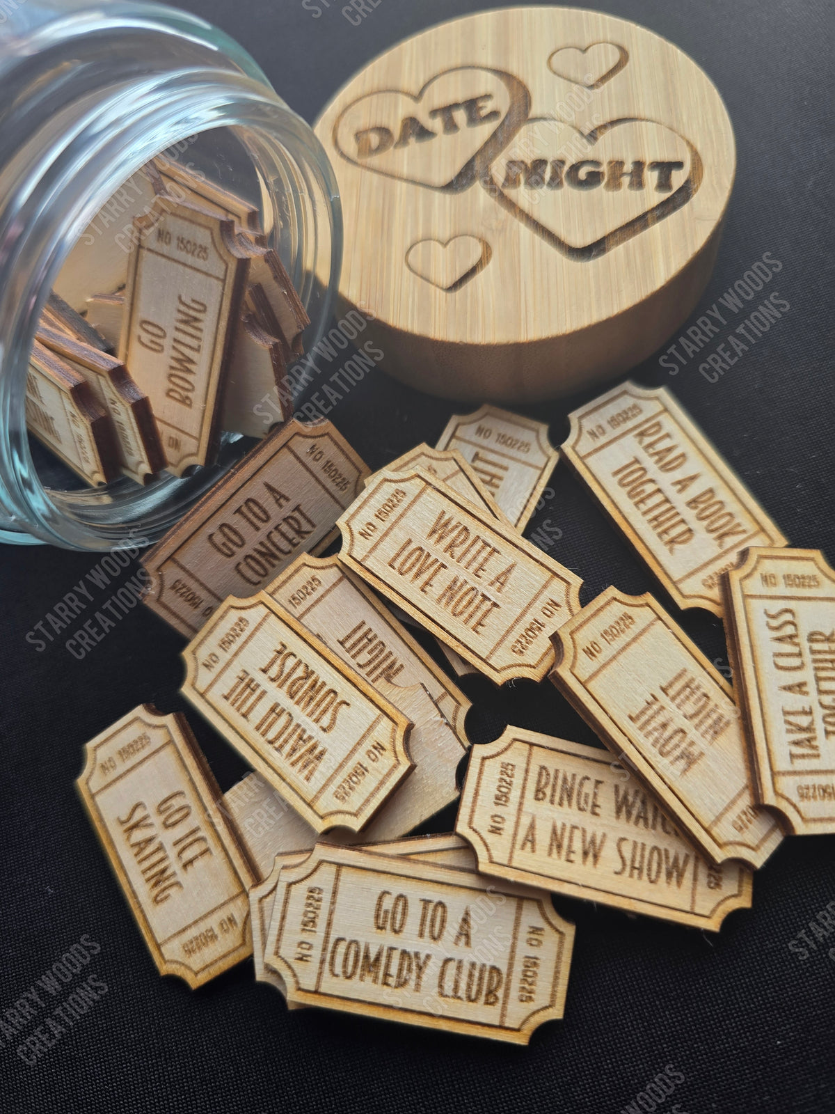 A glass jar with a wooden lid, spilling out wooden date night activity tokens onto a table.