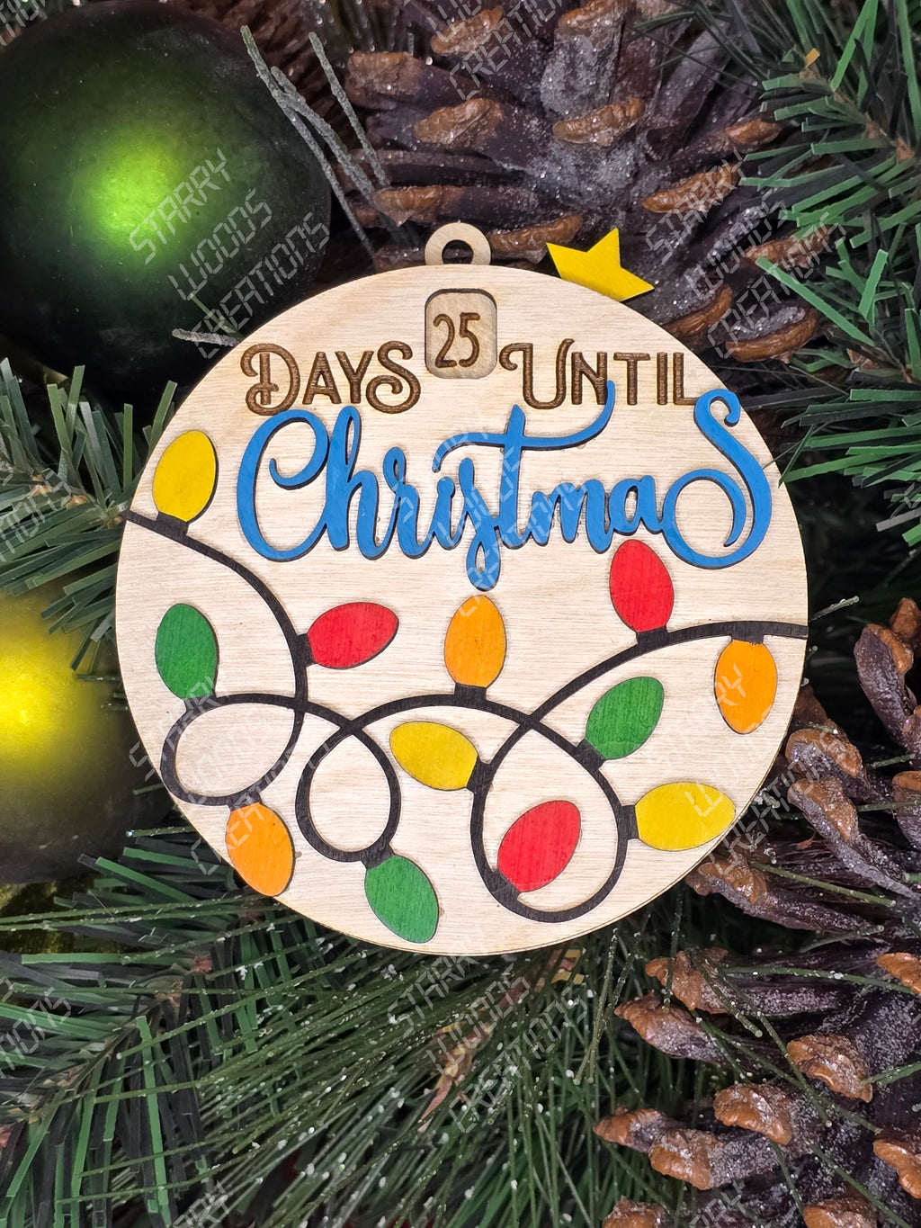 A wooden Christmas countdown ornament with colorful numbered light designs and the text 'days until Christmas' in a circular arrangement, placed against a festive background. Handmade in Ontario and customizable.