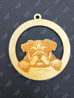 Wooden hanging air freshener with a bulldog design on a dark blue background
