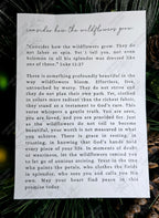 Story card included with the wildflower ornament with a natural background, expanding in the meaning and sentiment of the ornament.